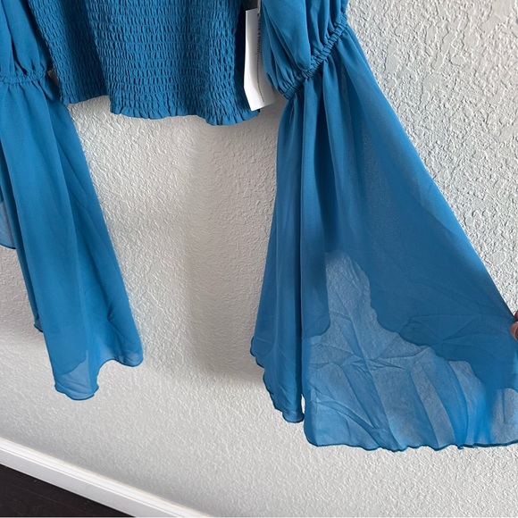 Teal Smocked Crop Top NWT Sheer Bell Sleeve Boho Cottagecore Festival Top M - Picture 5 of 16